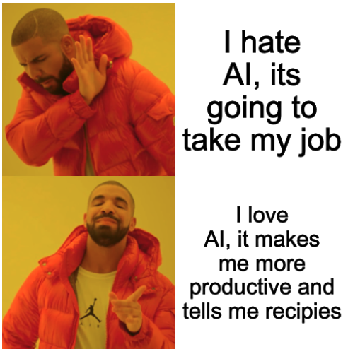 Drake meme with “I hate AI, it’s going to take my job” and “I love AI, it makes me more productive and tells me recipes”